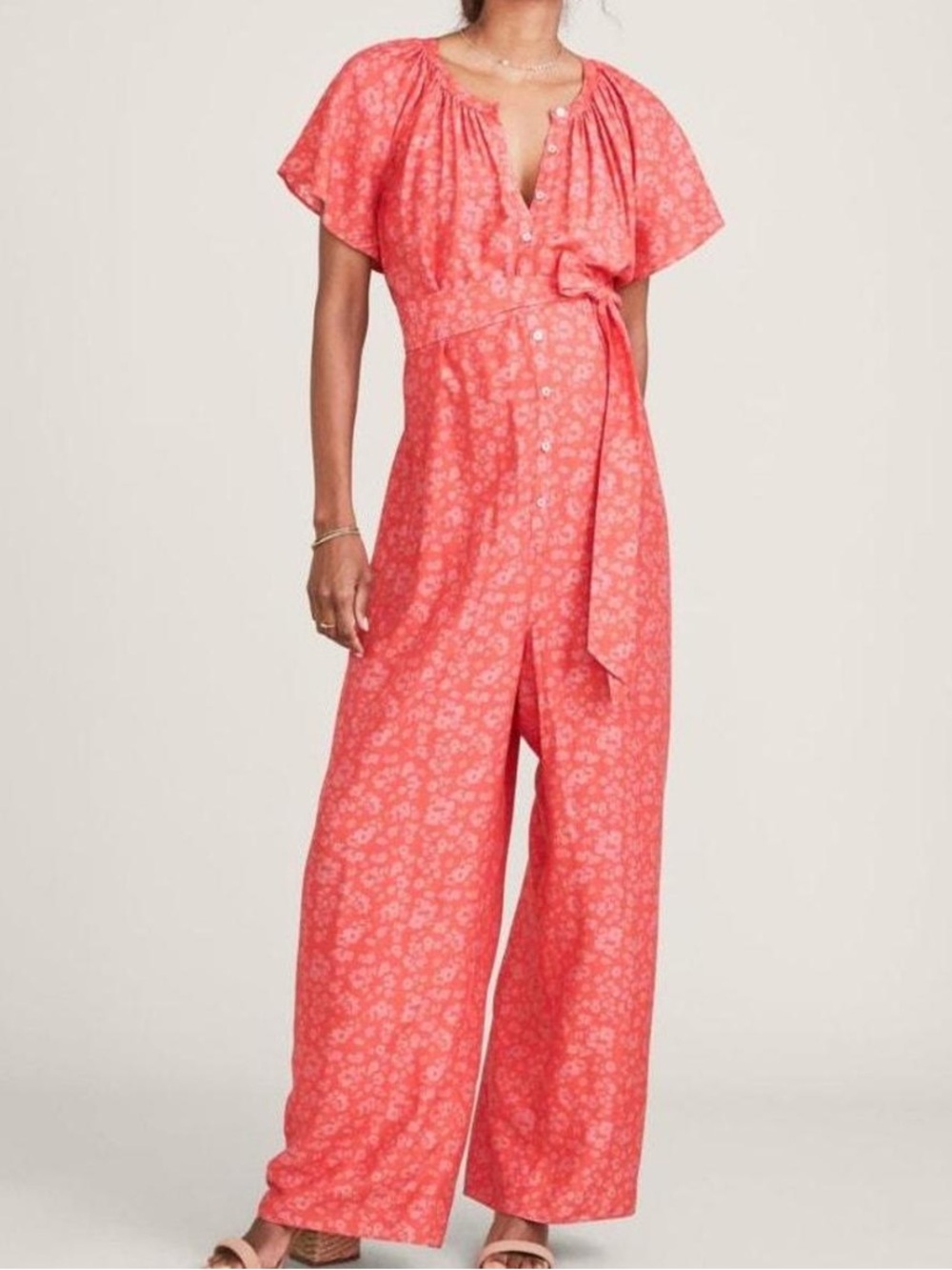 HATCH Regina Silk Coral Pink Floral Wide-Leg Maternity Jumpsuit